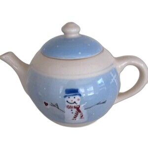 Crate & Barrel Snow People Teapot Hartstone Pottery Made in USA 48 oz Snowman